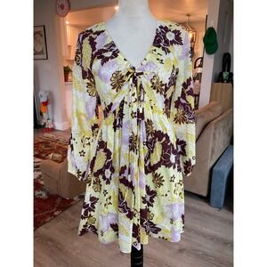 Anthropologie Floral 70s Boho V-Neck Mini Dress Yellow Plum Long Sleeve XS